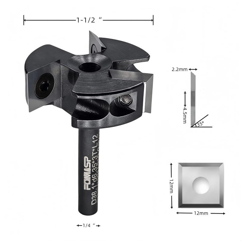 FomaSP CNC Spoilboard Surfacing Router Bit,1/4"(6.35mm) Shank,1-1/2"(38.1mm) Cutting Diameter,Slab Flattening Router Bit,Replaceable Carbide Inserts Wood Planer Bit with 3 Wings for Woodworking. - Image 2